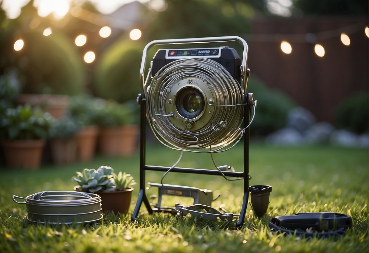 A sturdy metal frame stands on a grassy lawn, surrounded by various tools and materials such as wire, string lights, and outdoor decorations