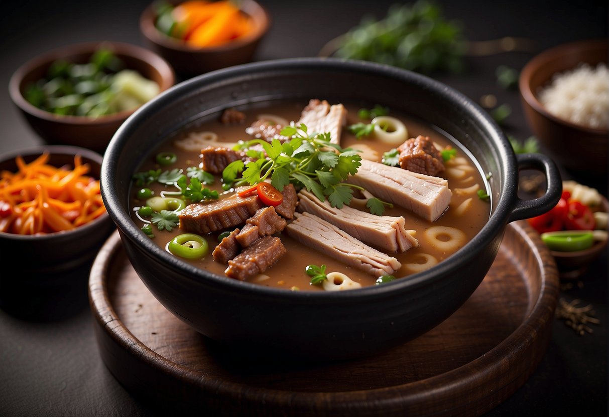 A simmering pot of Chinese-style pork ribs soup with essential ingredients: ribs, ginger, scallions, and spices