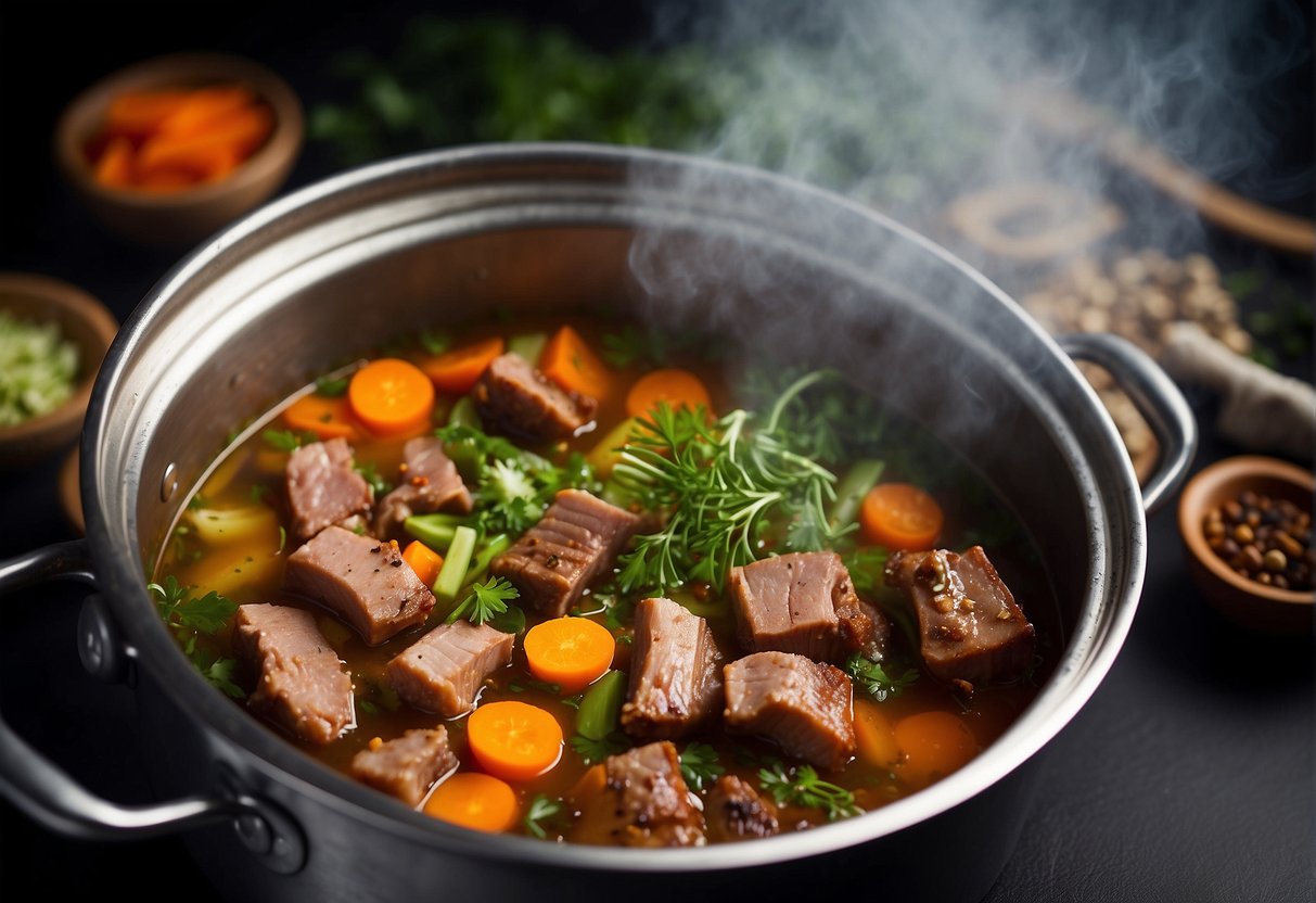 Pork ribs and aromatic spices simmer in a large pot of boiling water. Chopped vegetables and herbs wait nearby for the next step in the Chinese-style soup recipe