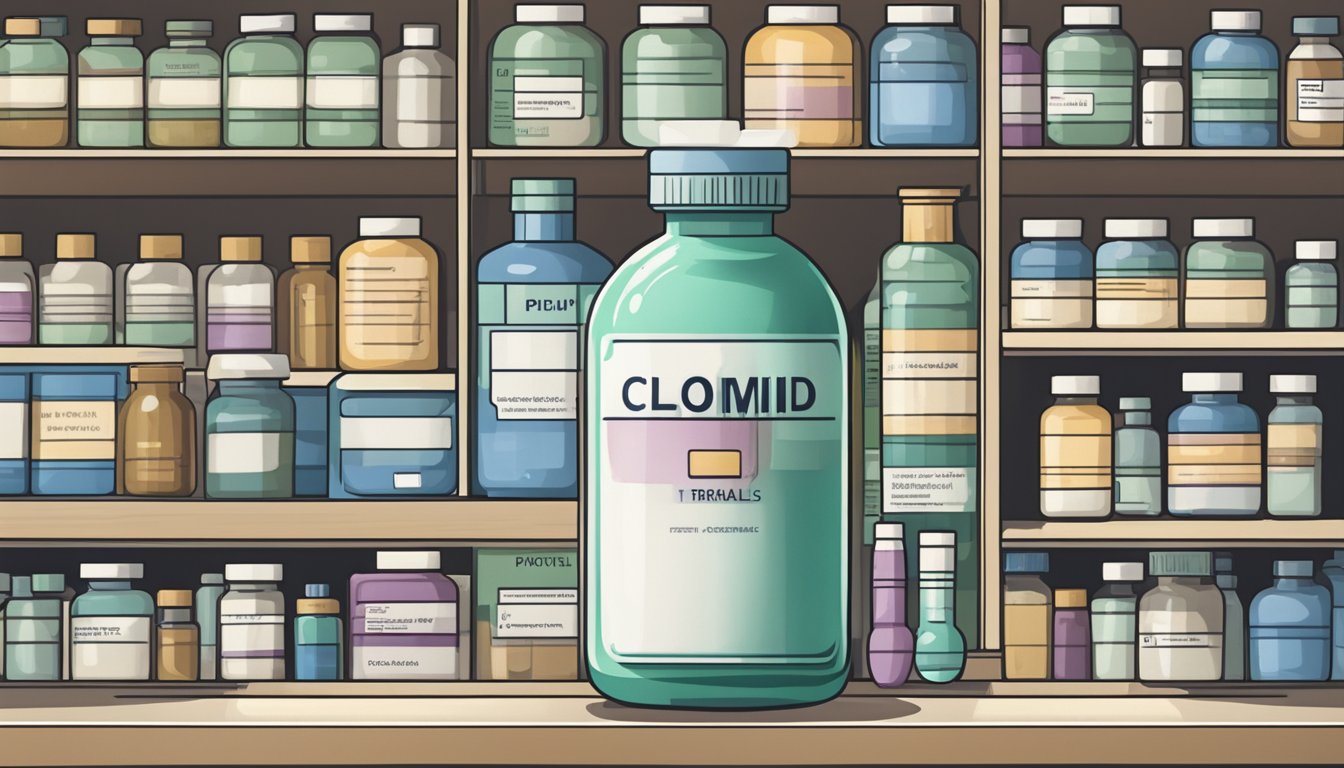 A bottle of Clomid sits on a pharmacy shelf, surrounded by other medications. The label clearly states its purpose for fertility treatment