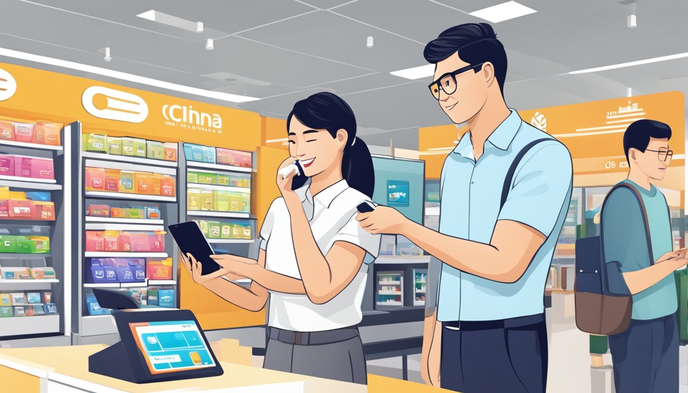 A customer purchasing a China SIM card in a Singapore store, with a salesperson assisting