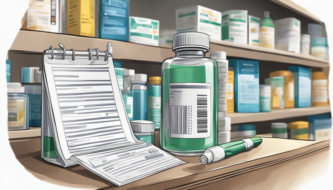 A bottle of Clomid sits on a pharmacy shelf, surrounded by informational pamphlets. A doctor's prescription pad and pen are nearby