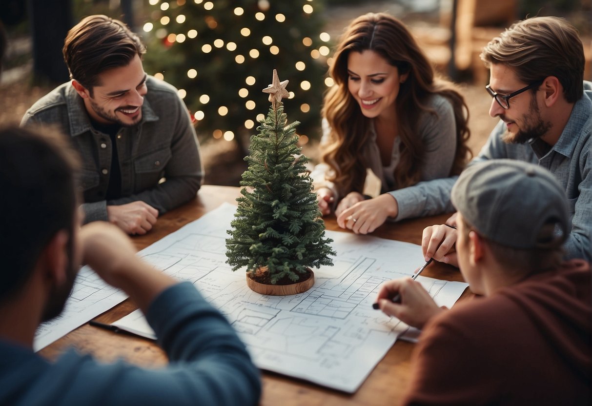 A group of people brainstorming and sketching ideas for constructing an outdoor Christmas tree frame using various materials and measurements