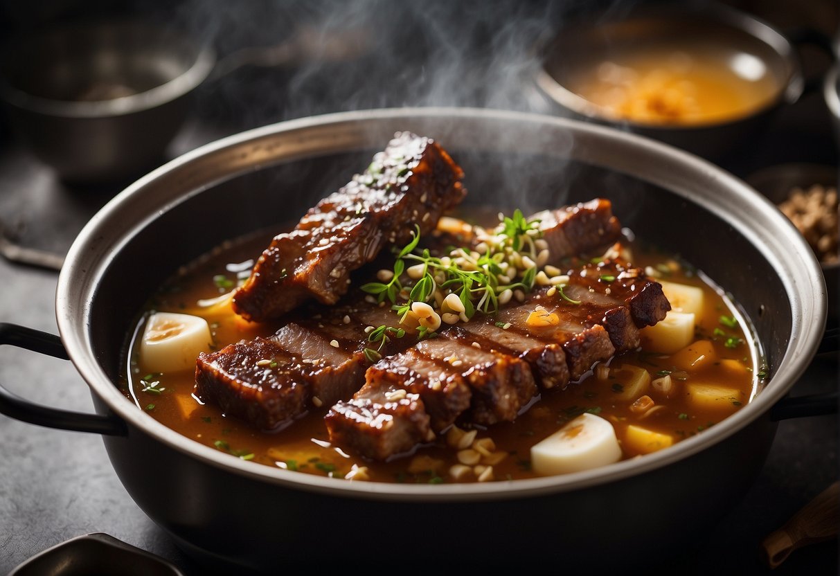 Pork ribs simmer in a bubbling broth with ginger, garlic, and star anise. Steam rises as the savory aroma fills the kitchen