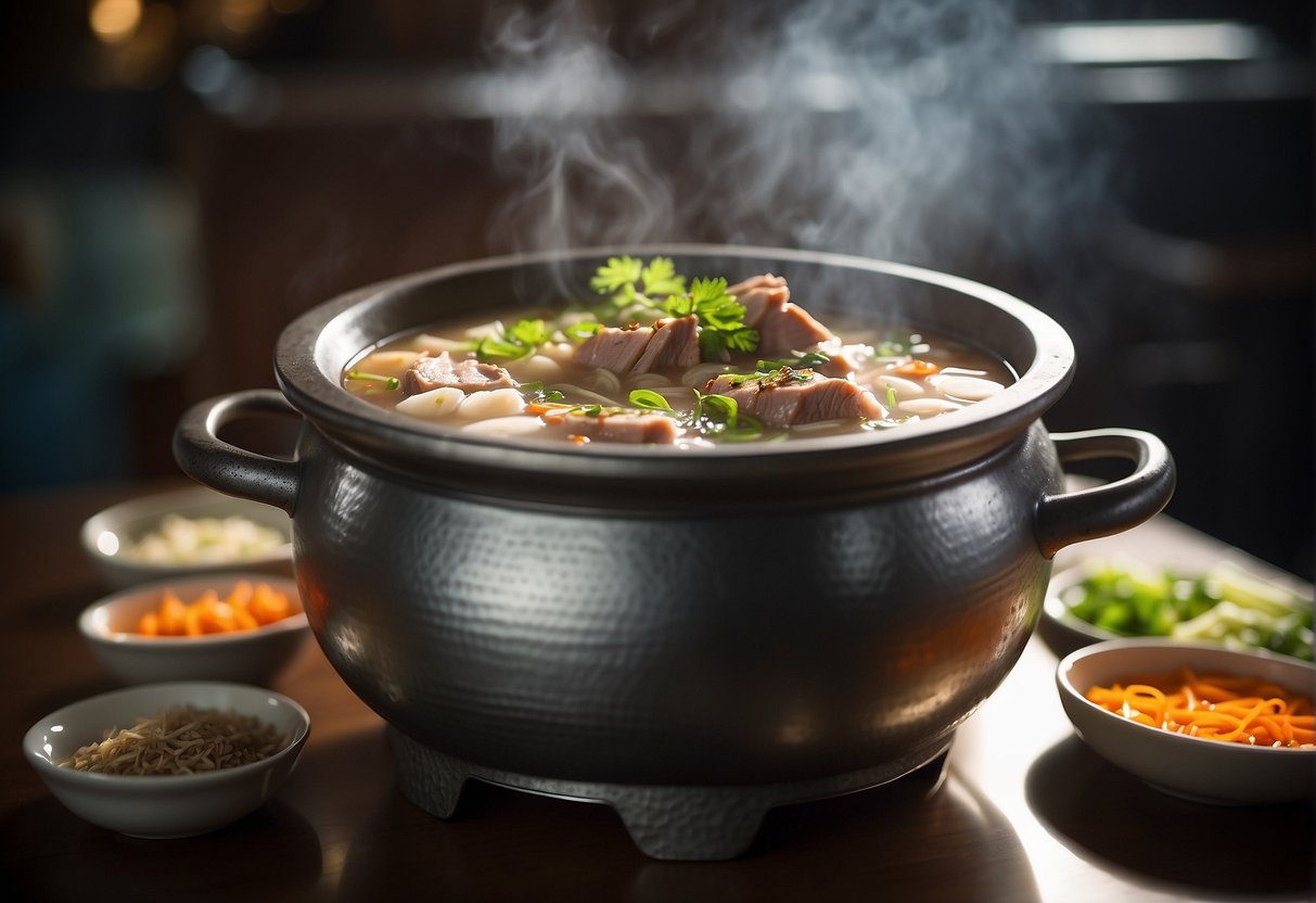 A bubbling pot of Chinese-style pork rib soup, filled with aromatic seasonings and flavors, steaming and ready to be served