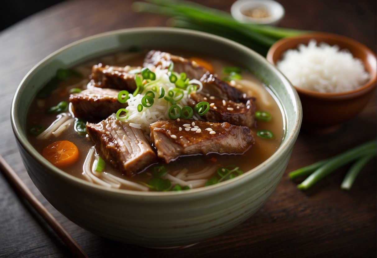 A steaming bowl of Chinese-style pork ribs soup, garnished with green onions and served with a side of steamed rice