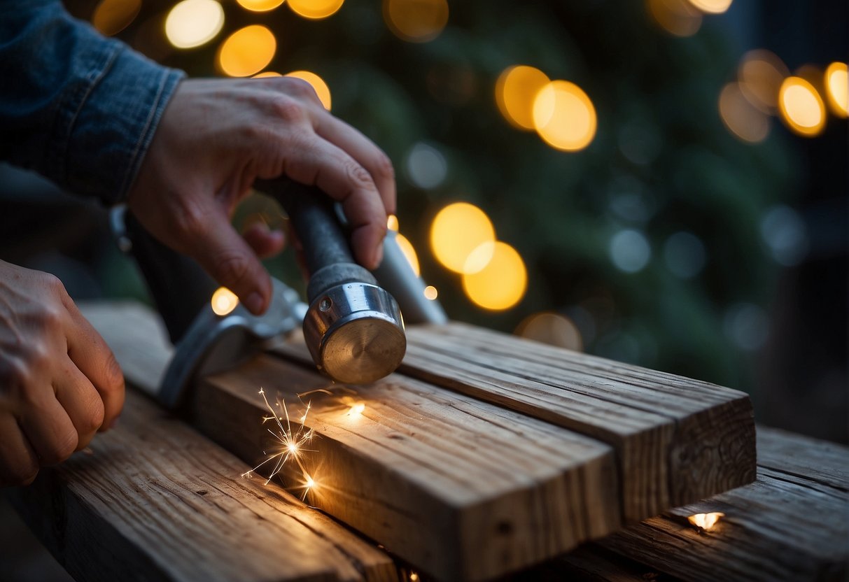 A person hammering wooden planks to create a triangular frame for an outdoor Christmas tree. Lights and decorations lay nearby