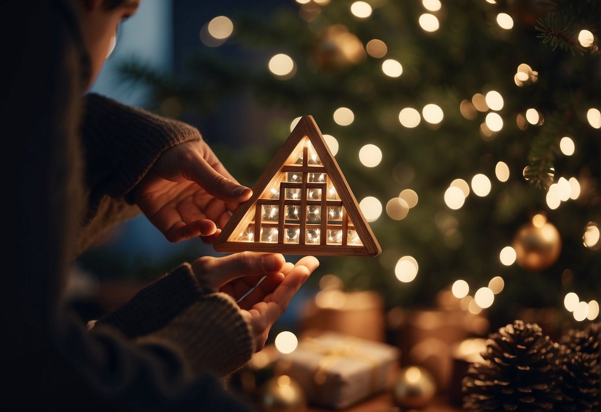 A person nails wooden planks to form a triangular frame. Lights and ornaments hang from the frame, creating an outdoor Christmas tree