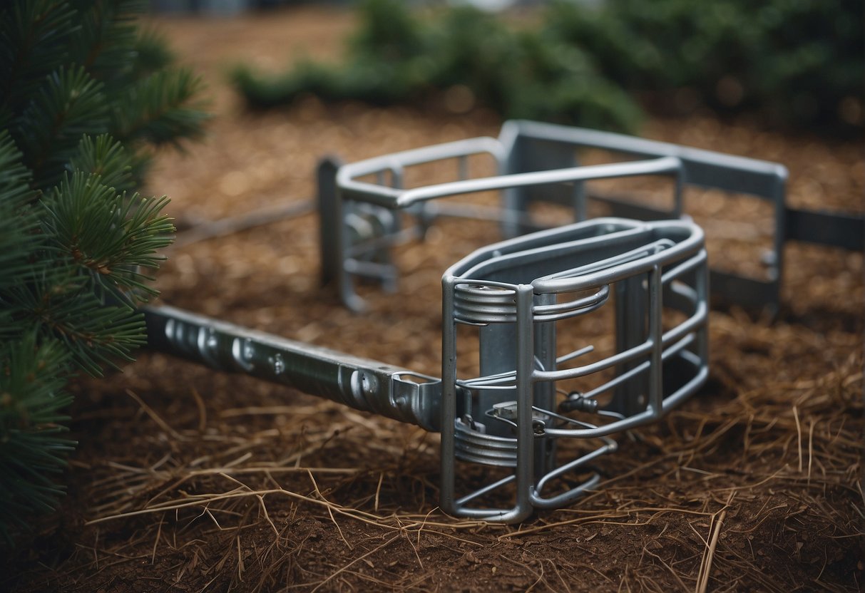 A sturdy metal frame is being constructed for an outdoor Christmas tree. The frame is being anchored securely into the ground to withstand strong winds and ensure safety