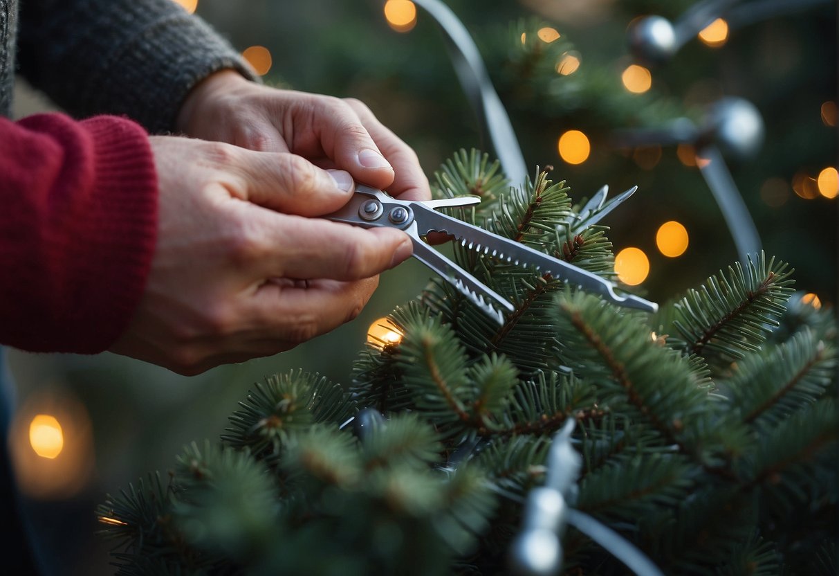 A person constructs a metal frame for an outdoor Christmas tree, using wire and pliers to shape and secure the structure