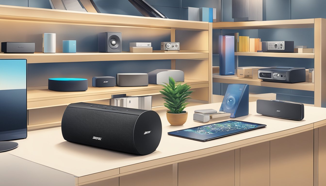 A Bose wireless speaker sits on a sleek, modern shelf in a Best Buy store, surrounded by other electronic gadgets and accessories