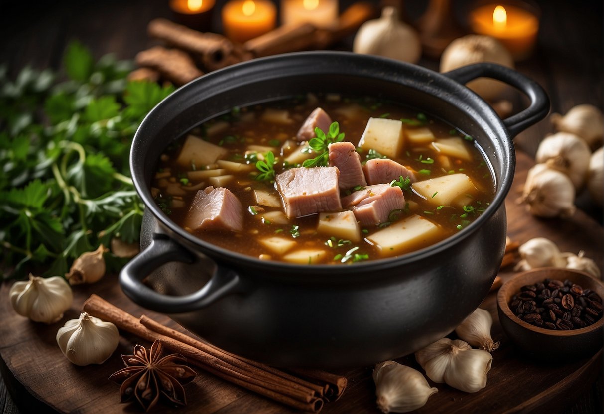 A large pot simmers with chunks of pork, ginger, and garlic in a fragrant broth, surrounded by star anise, cinnamon, and soy sauce