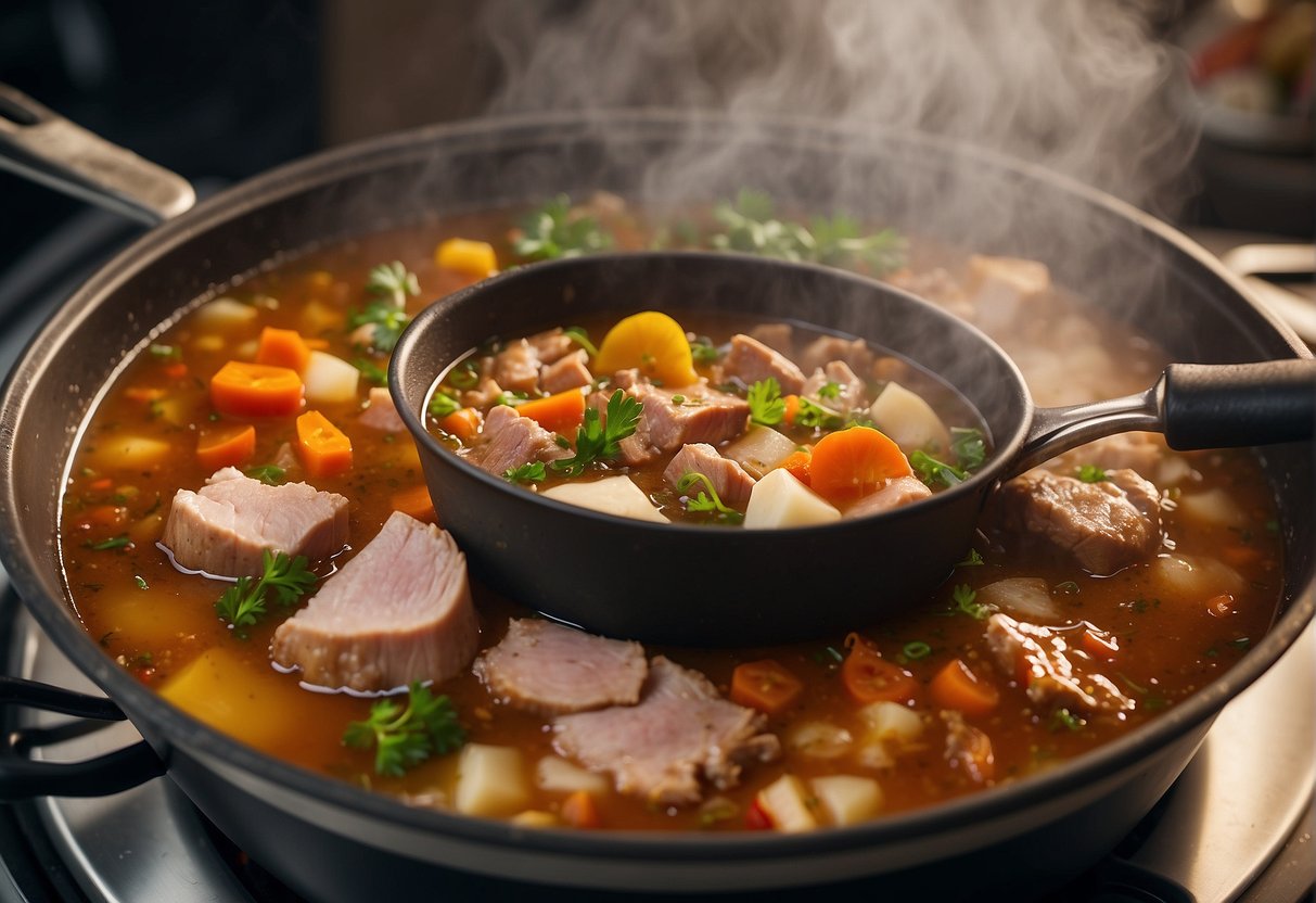A bubbling pot of pork stew with Chinese spices and vegetables simmering on a stovetop. Aromatic steam rising from the pot. Ingredients like ginger, garlic, and soy sauce visible on the counter