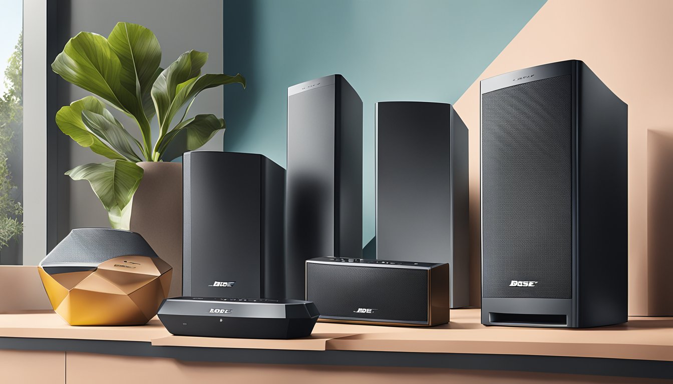 A display of Bose wireless speakers at Best Buy, showcasing sleek designs and advanced technology