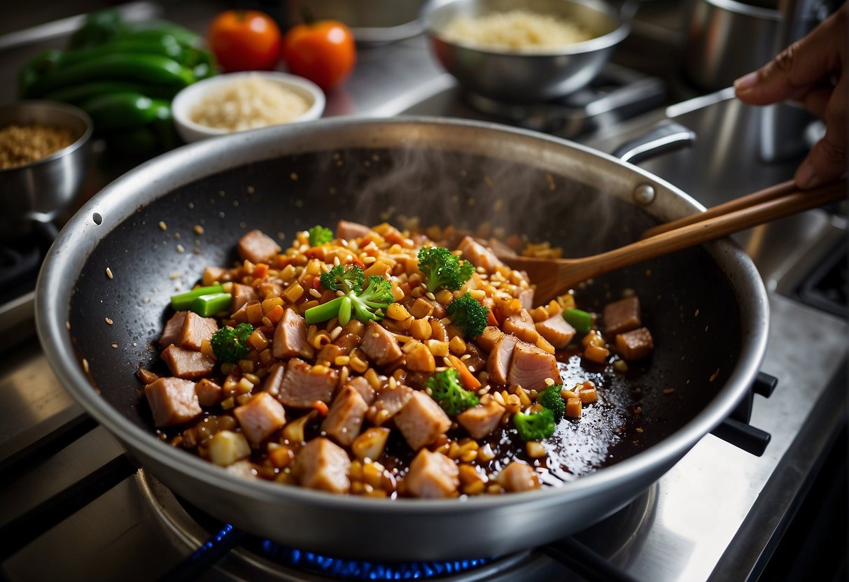 A large wok sizzles with hot oil as diced pork, ginger, and garlic are added. Soy sauce, sugar, and spices are measured out on the counter