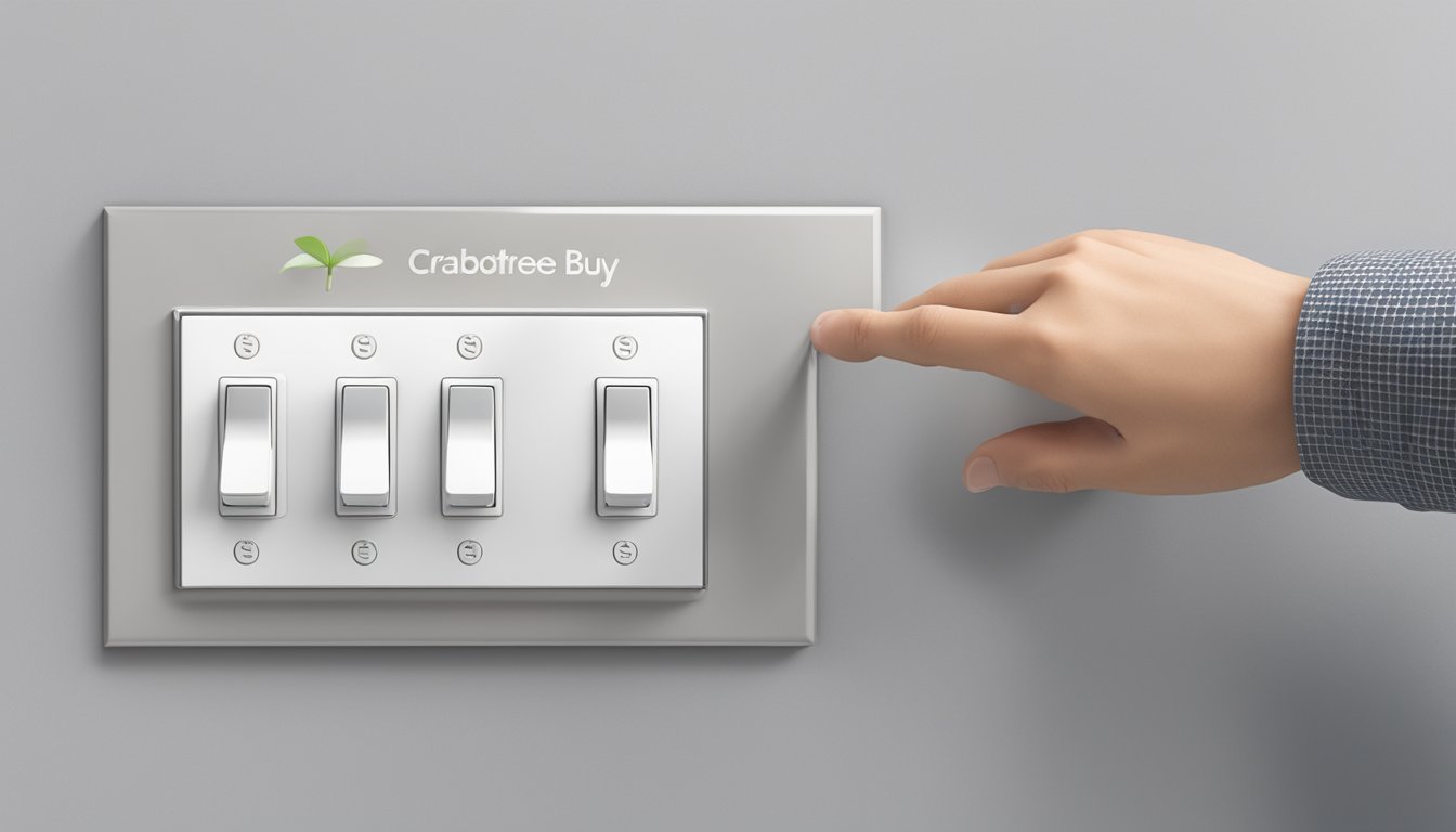 A hand reaches out to press a sleek, modern Crabtree switch on a wall, with the words "Discover Crabtree Switches buy crabtree switches online" displayed nearby