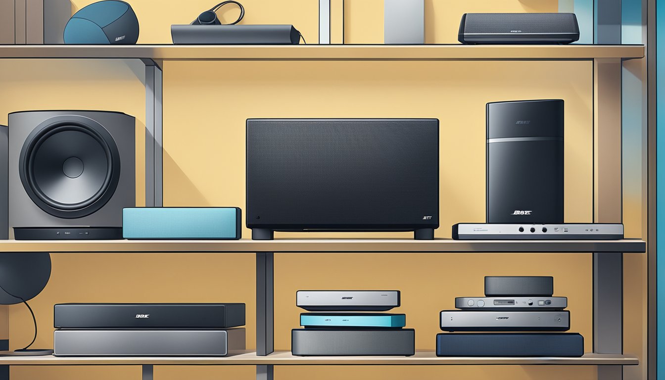 A Bose wireless speaker displayed on a sleek shelf at a Best Buy store, surrounded by other electronic devices and accessories