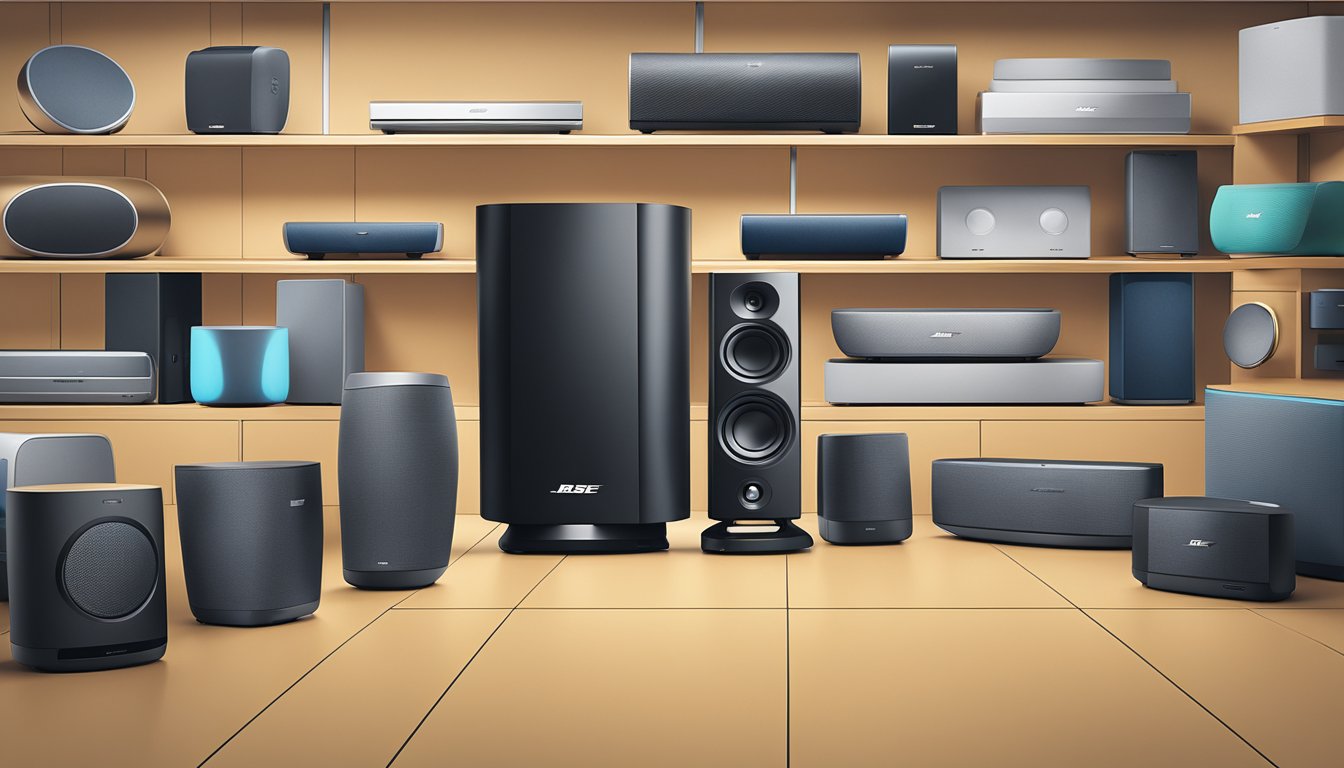 A sleek Bose wireless speaker displayed on a Best Buy shelf, surrounded by other electronic devices