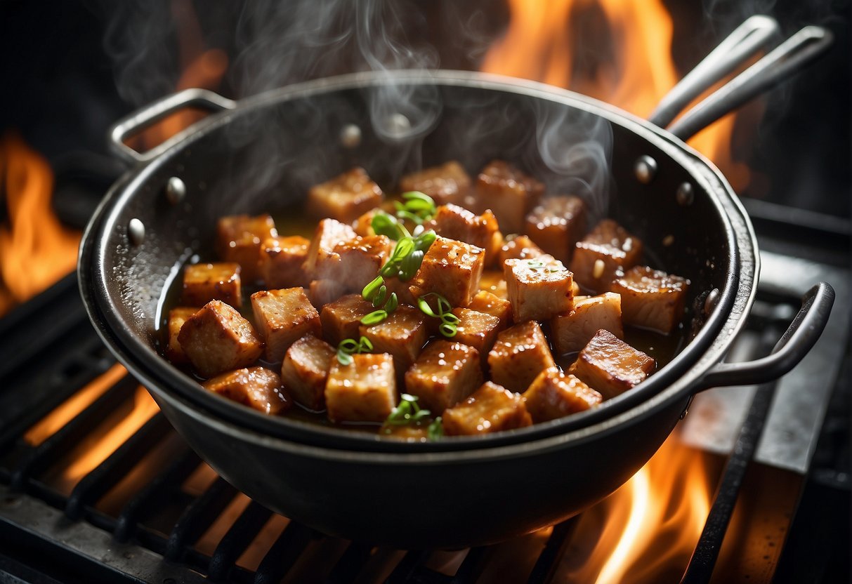Pork cubes sizzle in a wok with ginger, garlic, and soy sauce. Steam rises as the ingredients are stirred together over high heat
