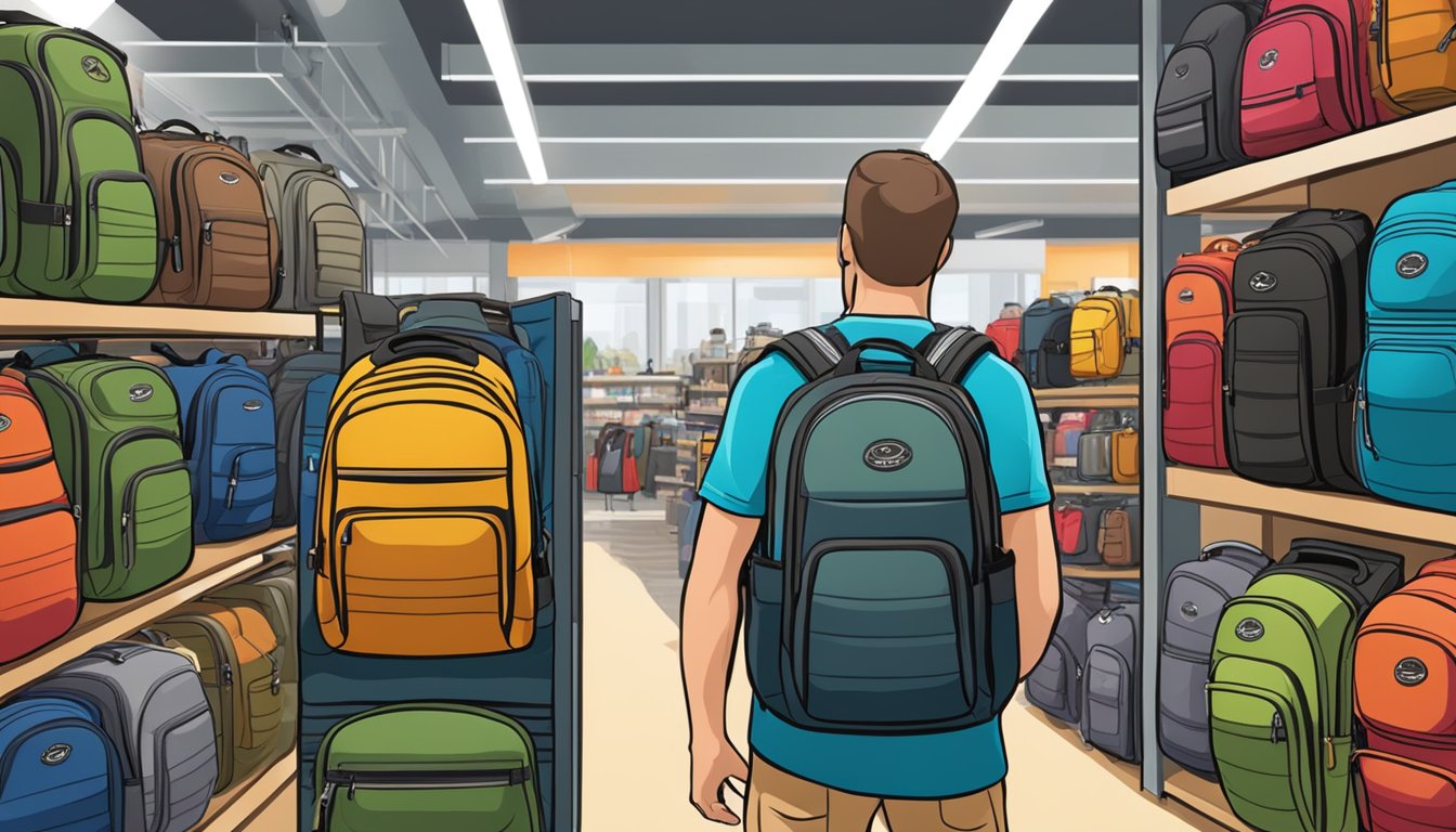 A person carefully examining a variety of Osprey backpacks displayed on shelves in a well-lit outdoor gear store