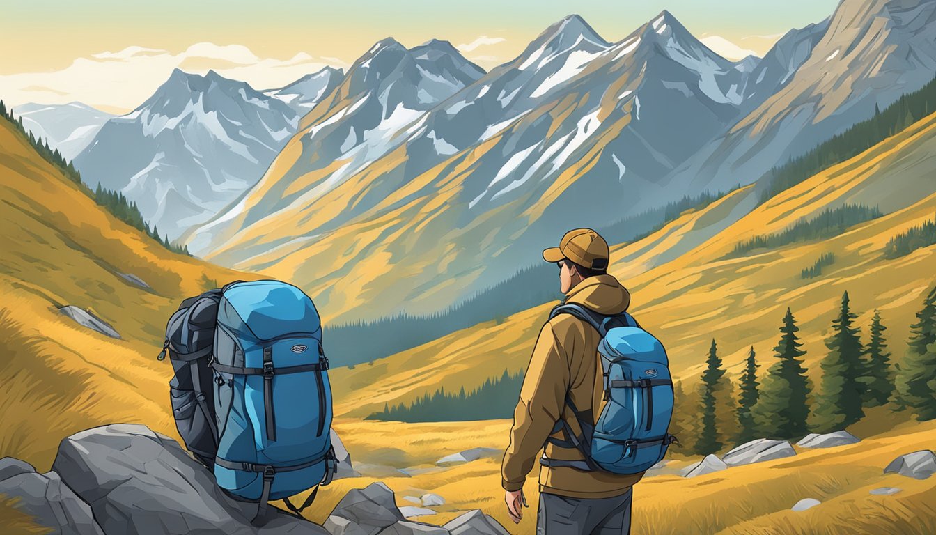 A hiker adjusts the straps on their Osprey backpack, filled with gear, against a mountain backdrop