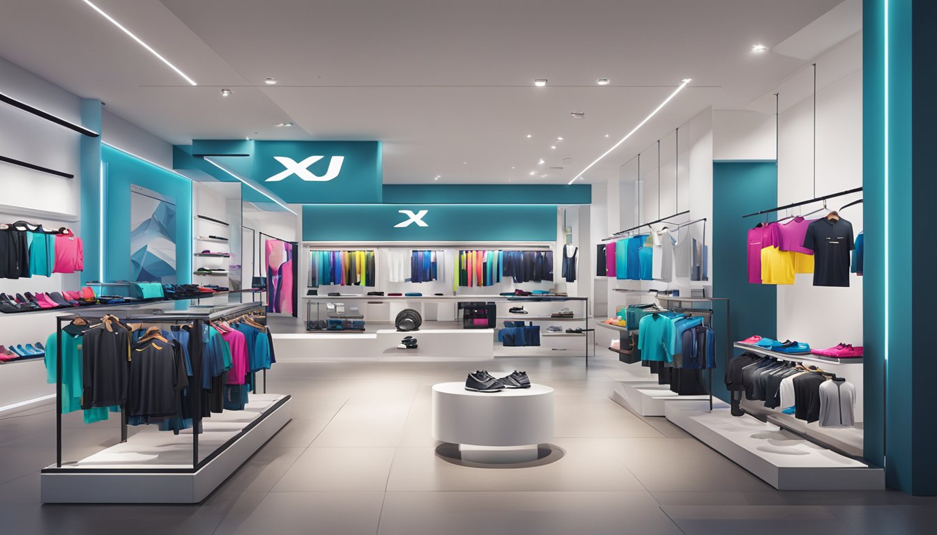 A vibrant display of 2XU performance apparel showcased in a sleek Singapore store, featuring cutting-edge activewear and accessories