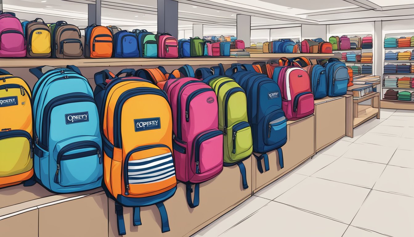 A stack of colorful Osprey backpacks displayed with a sign reading "Frequently Asked Questions" in a busy Singapore retail store