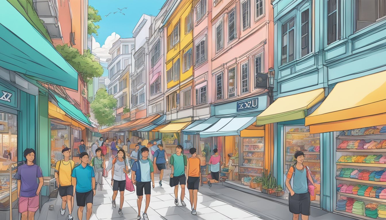 A bustling Singapore street with colorful storefronts, where shoppers browse for 2XU athletic wear