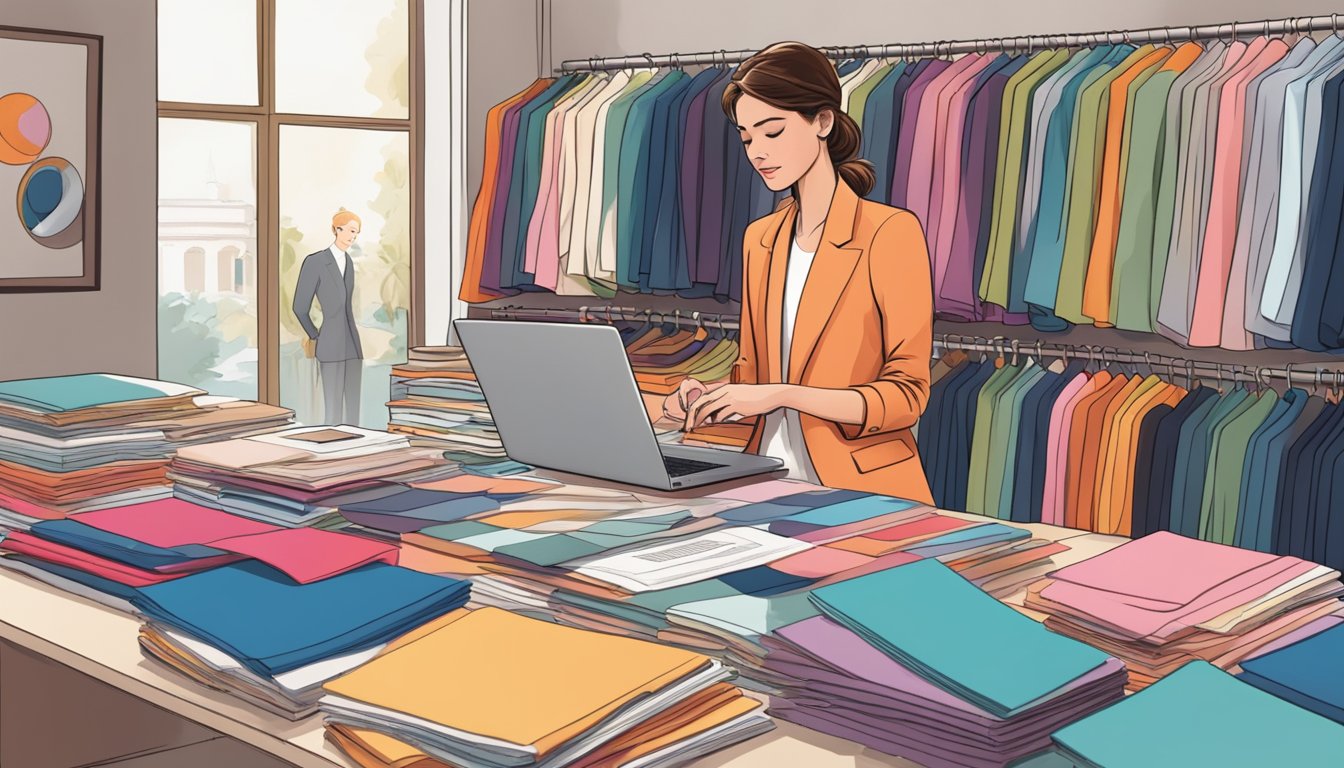 A woman browses palazzo suits online, surrounded by colorful fabric swatches and fashion magazines