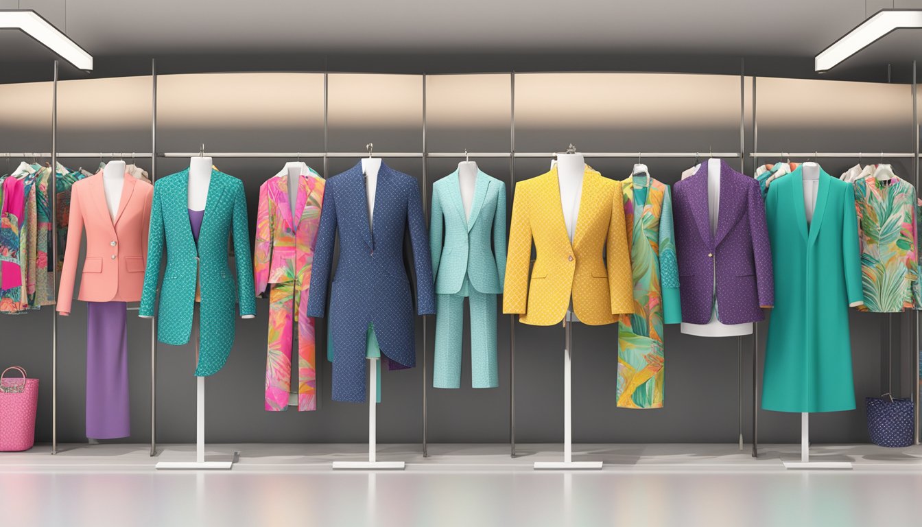 A colorful display of palazzo suits arranged neatly on racks, with vibrant patterns and designs, accompanied by a sign advertising "Shopping Guide for Palazzo Suits - buy palazzo suits online."