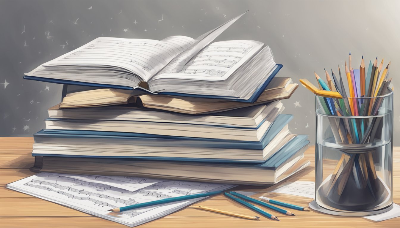A stack of ABRSM exam books sits on a wooden table, surrounded by a scattering of sheet music and a metronome. A pencil and eraser lay nearby, ready for note-taking
