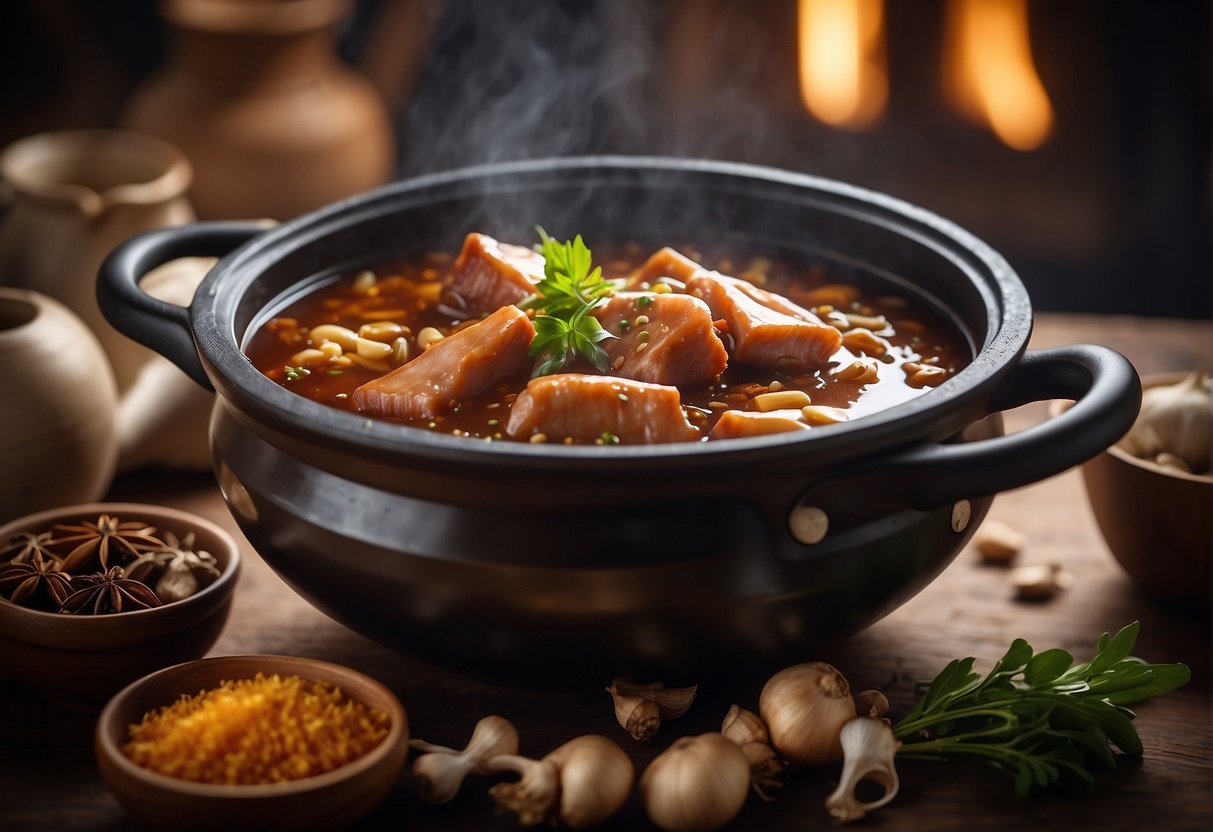 A pair of pork trotters simmer in a fragrant Chinese sauce, surrounded by star anise, ginger, and garlic in a large pot