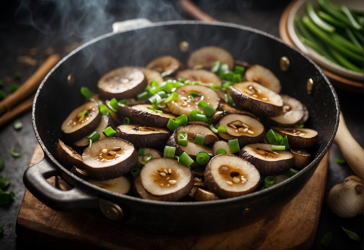 A sizzling wok stir-frying sliced portobello mushrooms with garlic, ginger, and green onions, creating a fragrant and savory Chinese dish
