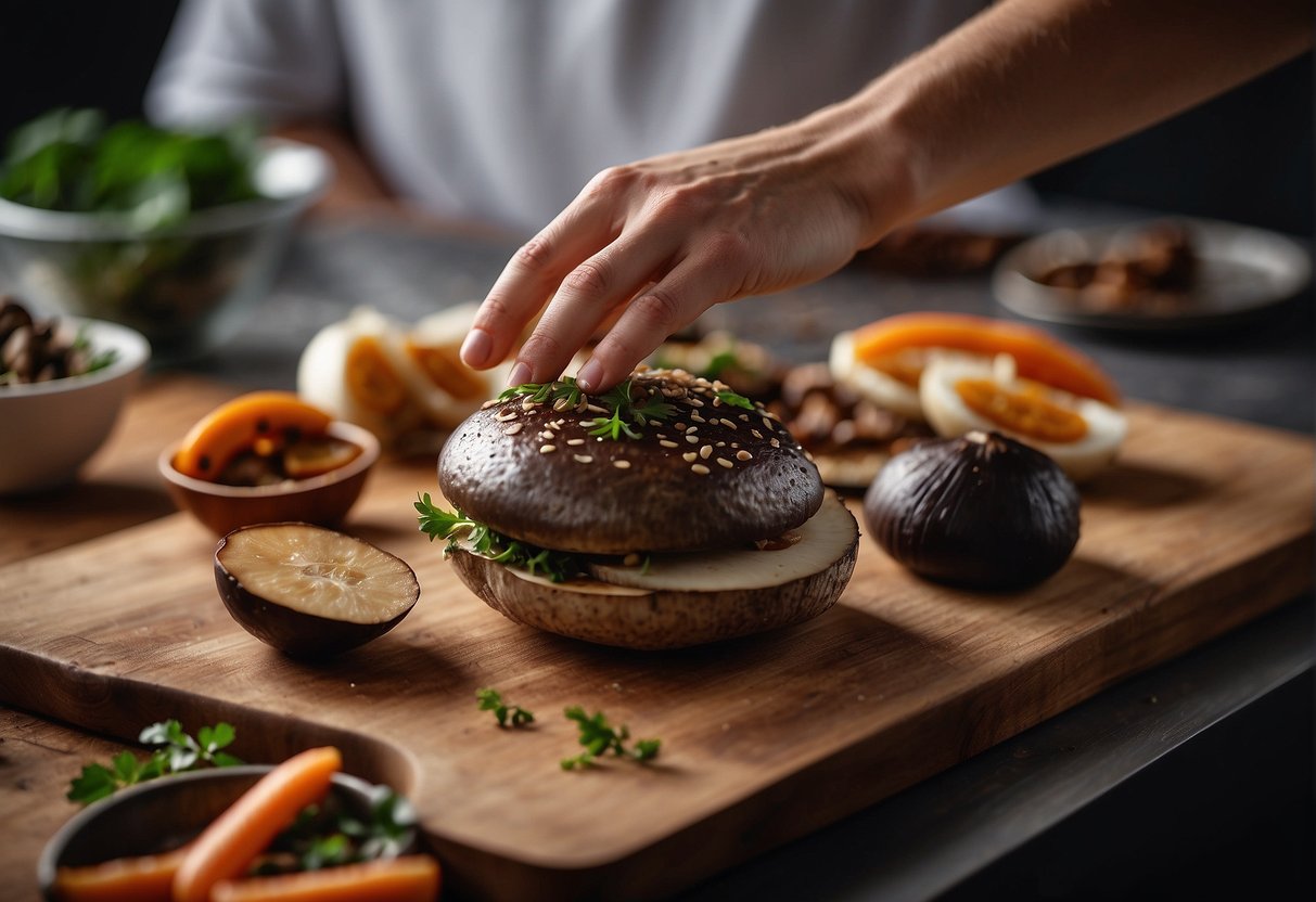 A hand reaches for a Portobello mushroom, slicing and marinating it for a Chinese recipe