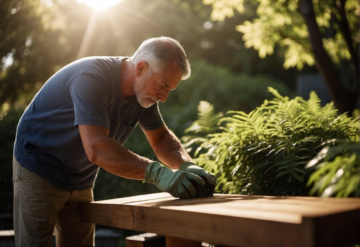 A carpenter applies a coat of protective finish to a completed outdoor bench, set against a backdrop of lush greenery and dappled sunlight