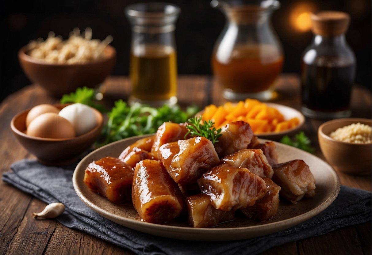 A table with pork trotters, ginger, garlic, and soy sauce. Nearby, a list of potential substitutes for the essential ingredients