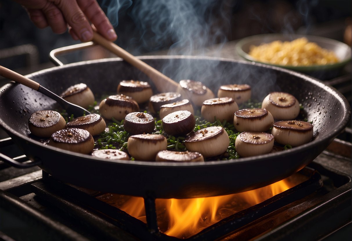 Slicing portobello mushrooms, stir-frying with Chinese seasonings in a sizzling wok, steam rising, aroma filling the kitchen