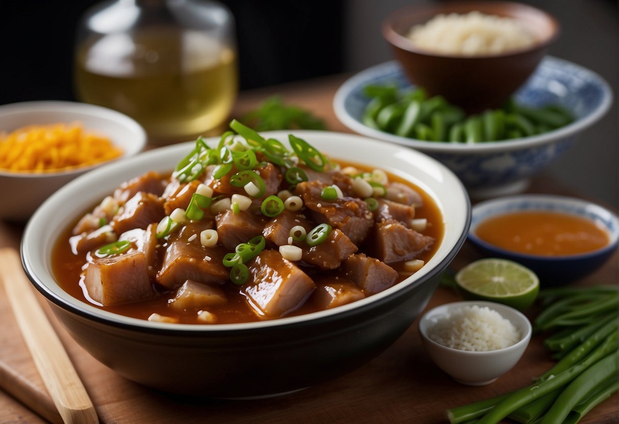 A chef marinates pork trotters in soy sauce and spices, then simmers them in a savory broth until tender. Chopped green onions and ginger add flavor