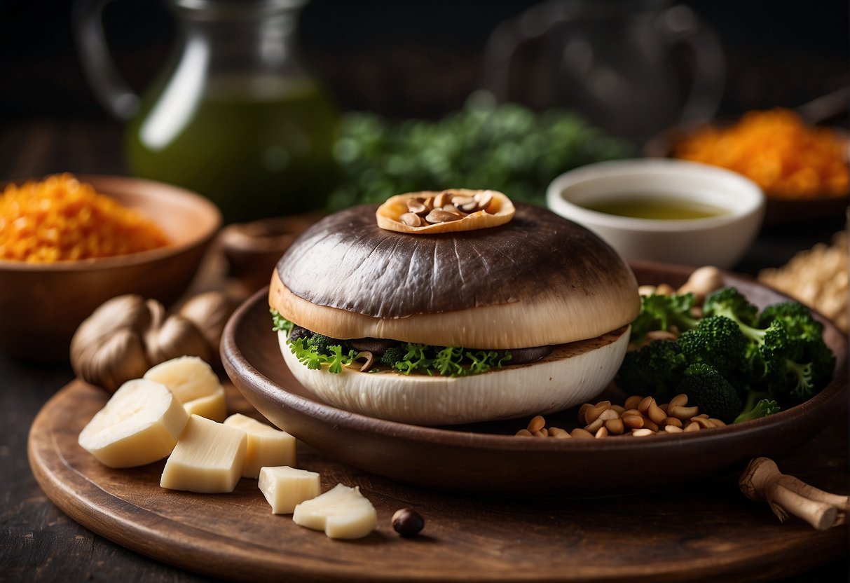 A portobello mushroom surrounded by Chinese cooking ingredients and a nutritional information label