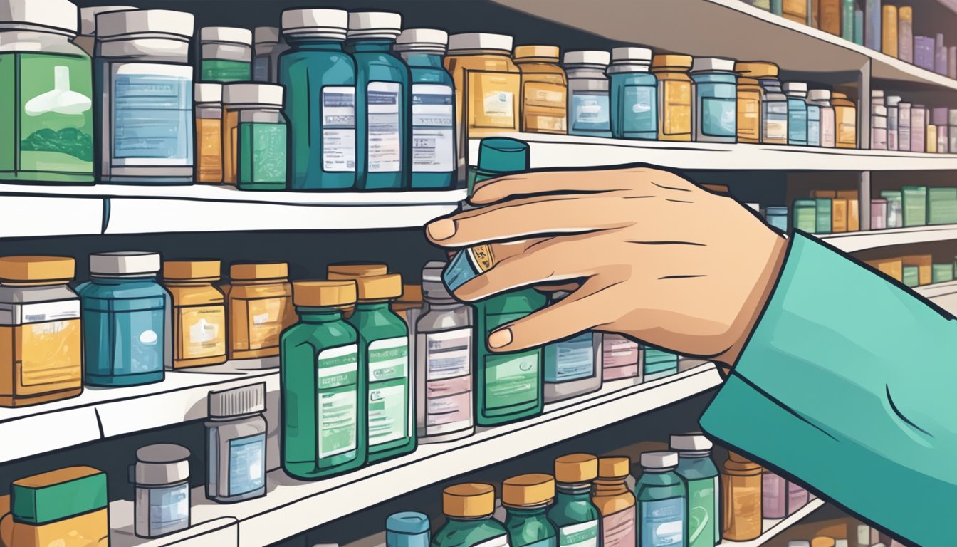 A hand reaches for a bottle of Percocet on a pharmacy shelf