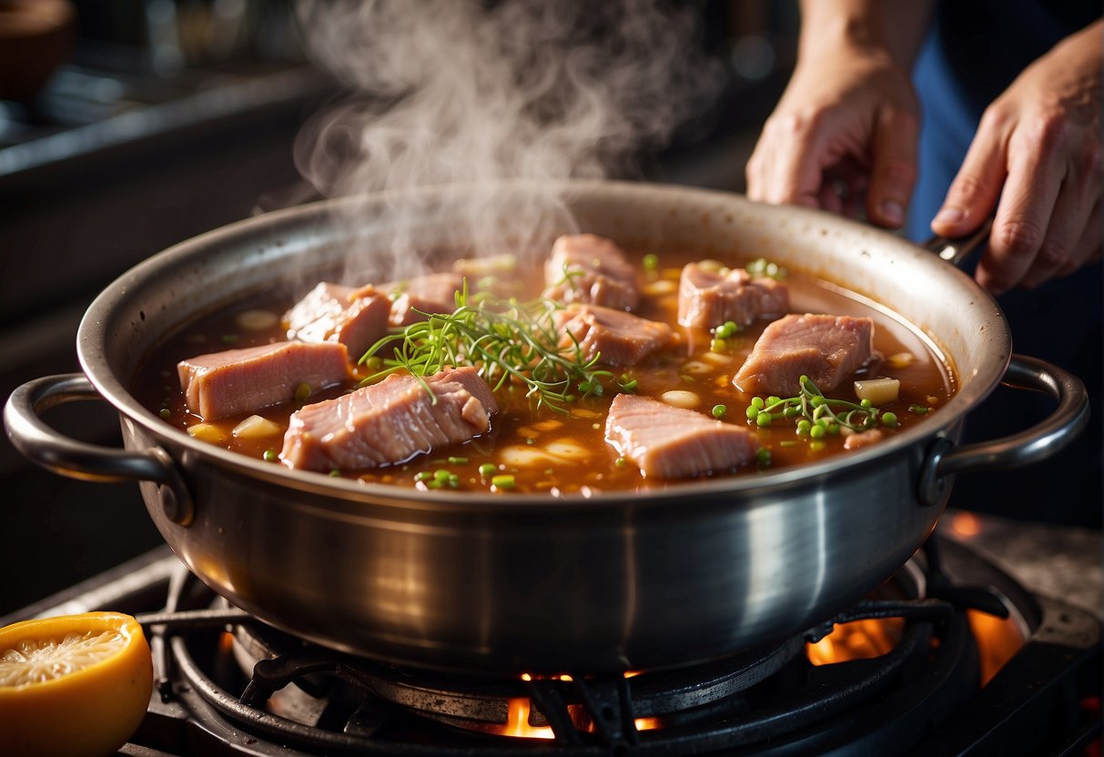 A large pot simmers with pork trotters, ginger, and spices. Steam rises as the chef adds soy sauce and sugar, creating a rich, savory aroma