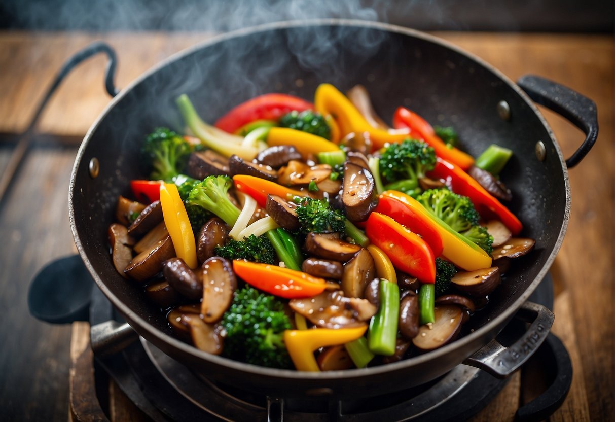A steaming hot portobello mushroom stir-fry sizzling in a wok, surrounded by vibrant green bok choy and colorful bell peppers. A pair of chopsticks rests on the side