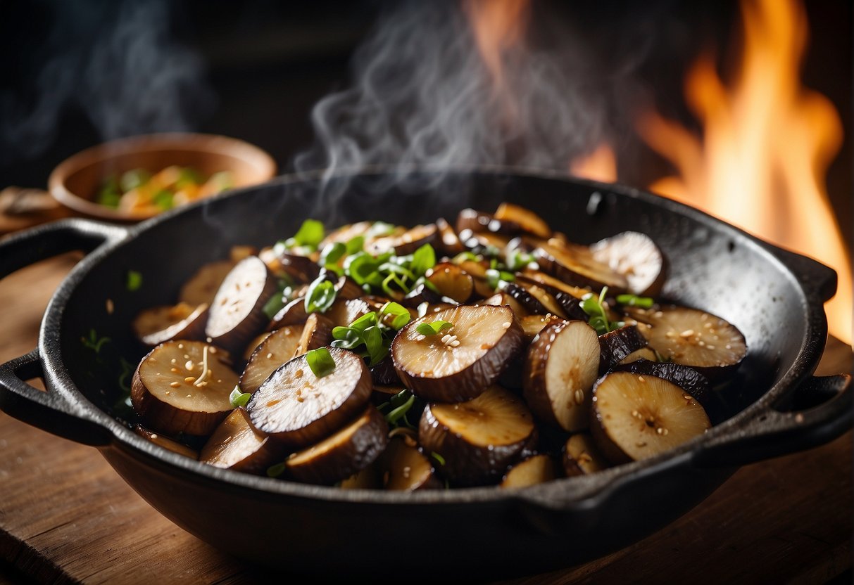 A sizzling wok stir-fries sliced portobello mushrooms with garlic, ginger, and soy sauce, creating a savory aroma that fills the kitchen