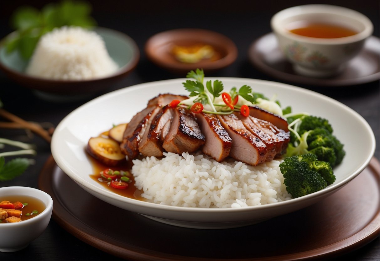 A beautifully plated pork trotter dish with Chinese garnishes and paired with a side of steamed rice and a glass of aromatic jasmine tea