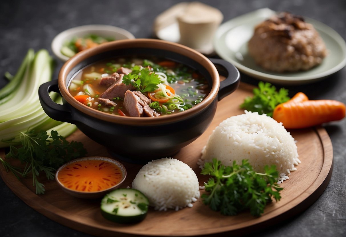 A simmering pot of Chinese pork trotter soup, surrounded by vibrant herbs and spices, with a bowl of steamed rice and a side of pickled vegetables