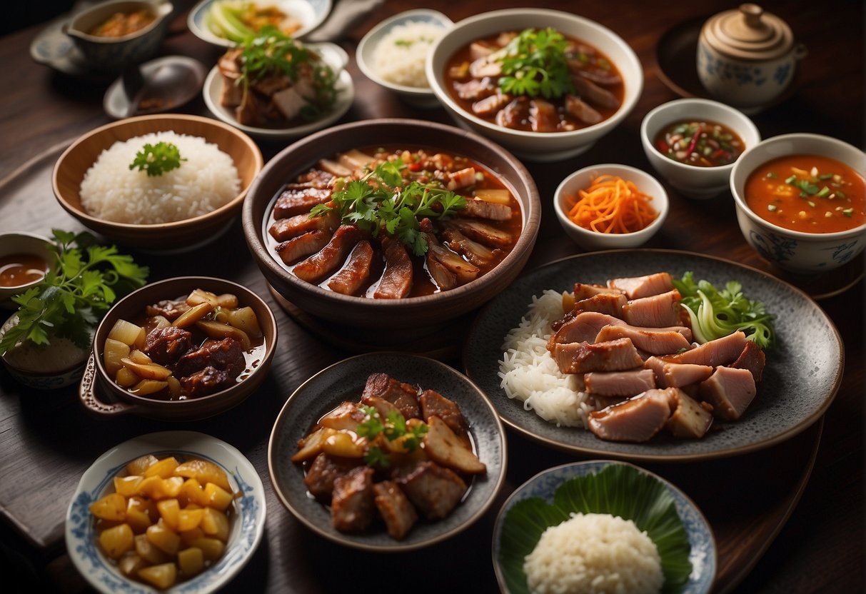 A table set with various pork trotter dishes from different Chinese regions, showcasing cultural significance and variations