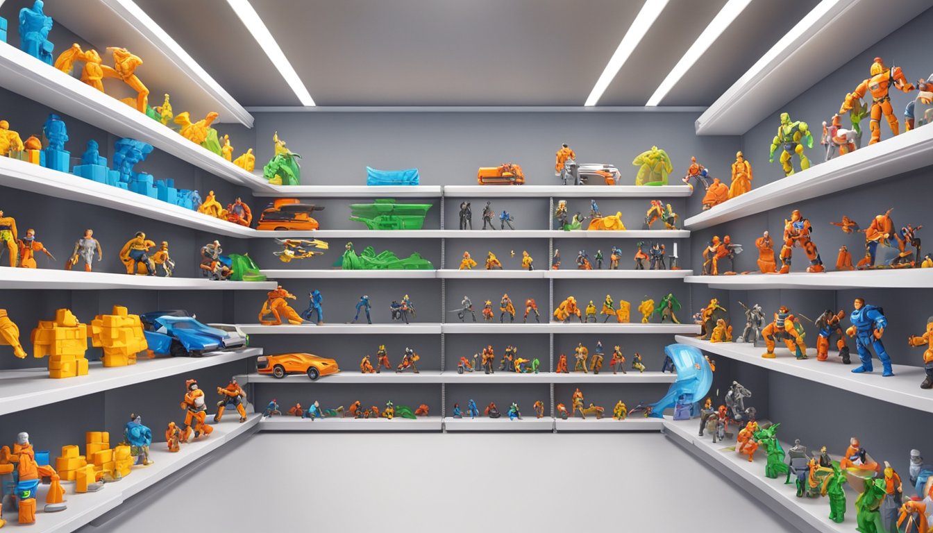 A colorful display of action figures on shelves, with bright packaging and dynamic poses. Online shopping website in the background