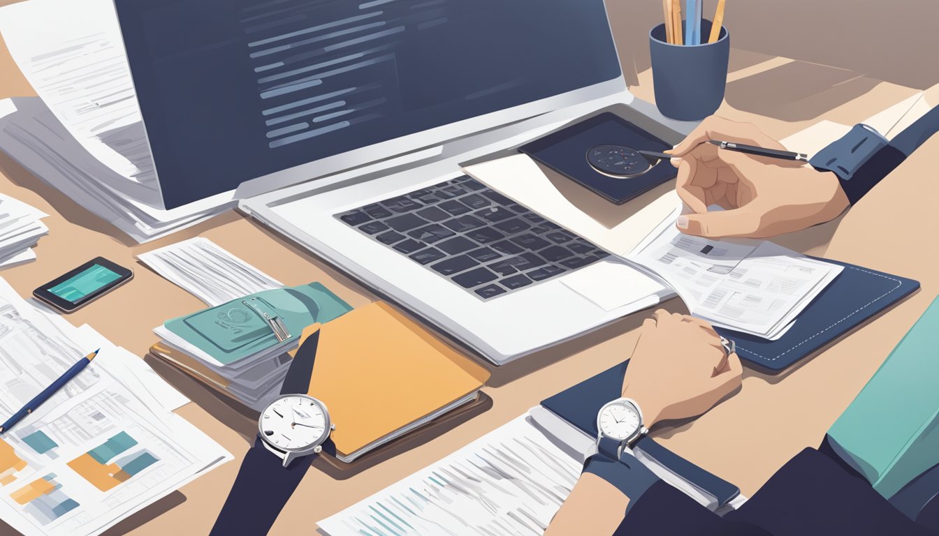A hand holding a sleek Daniel Wellington watch, surrounded by financial documents and a laptop, symbolizing making the right investment