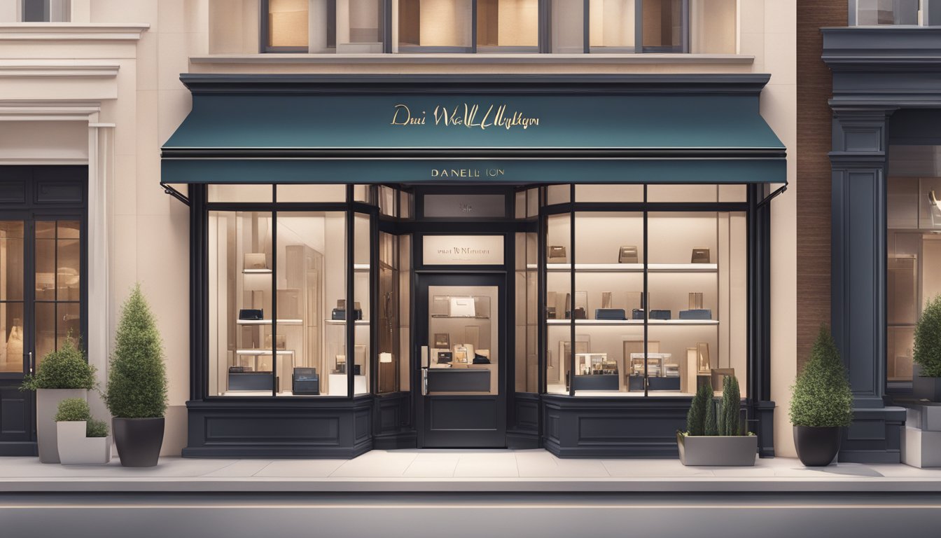 A well-lit, modern store front with a prominent "Frequently Asked Questions" sign above the entrance, showcasing Daniel Wellington watches