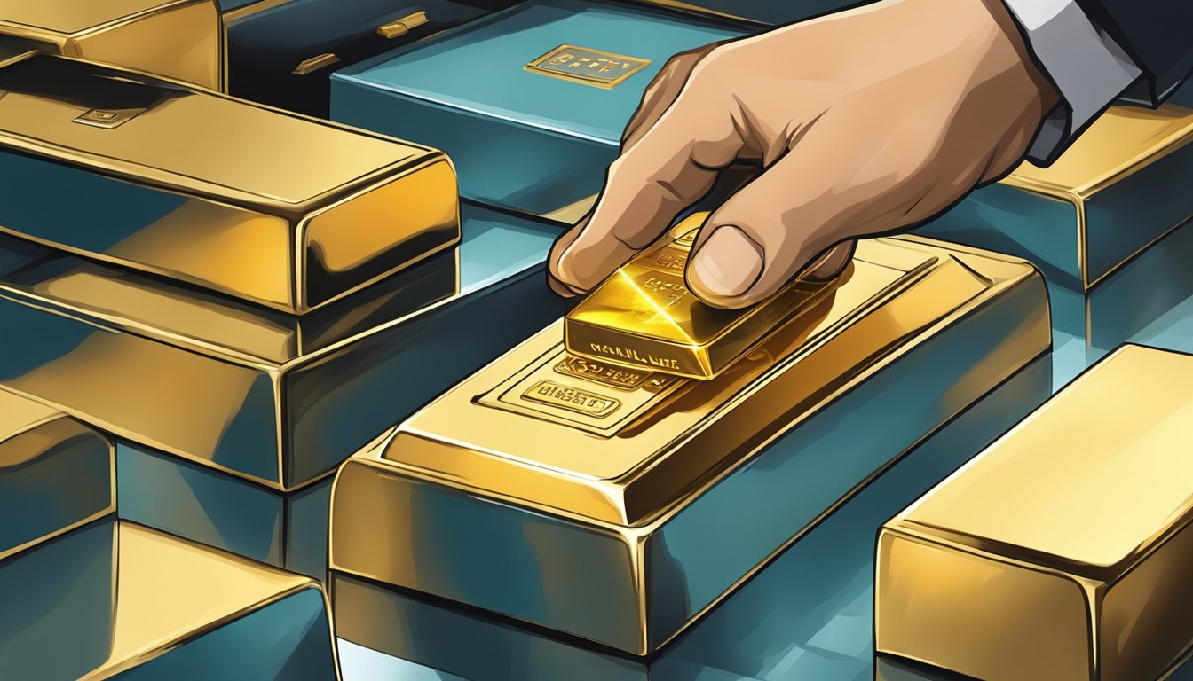 A hand reaching for a gleaming gold bar in a secure vault in Singapore